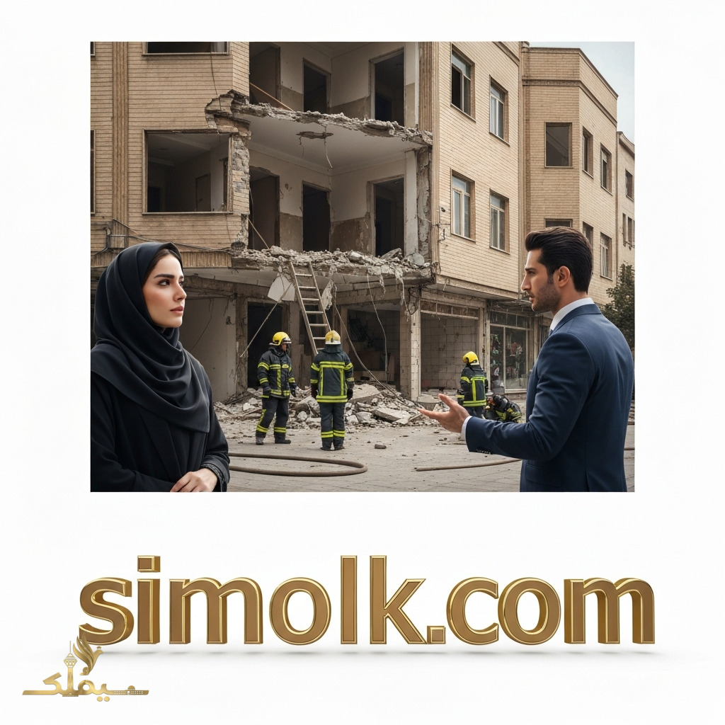 نمایی از میدان بهارستان تهران با موضوع فرو ریختن کف ساختمان سه‌طبقه