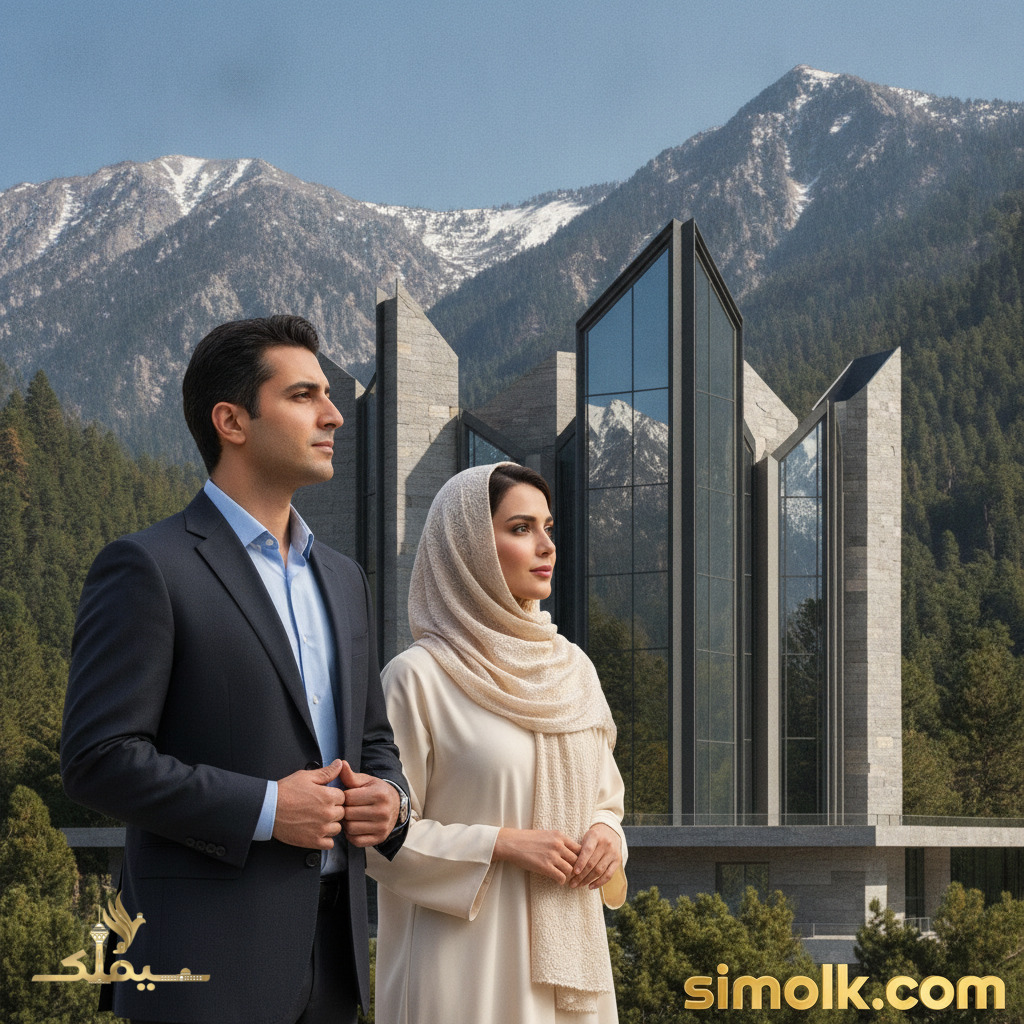 تصویر طراحی کنیسه توسط هرمان کالیور با چشم‌اندازهای کوهستانی کالیفرنیا